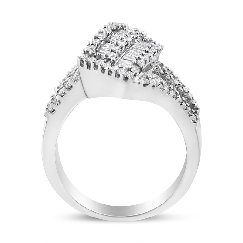 Bids.com 14K White Gold 1-1/2 Cttw Round and Baguette Diamond Bypass Cocktail Ring Band (H-I Color, SI1-SI2 Clarity) - Size 7 Rings White Smoke 7 / White.Gold