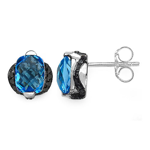 Bids.com 3.74 Carat Genuine Blue Topaz & Black Diamond .925 Sterling Silver Earrings Earrings White Smoke