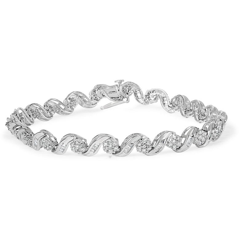 Bids.com 10K White Gold 2.00 Cttw Round-Cut and Baguette-Cut Diamond Floral Design Swirl Link 7" Bracelet (I-J Color, I1-I2 Clarity) Bracelets White Smoke White.Gold / 2.11