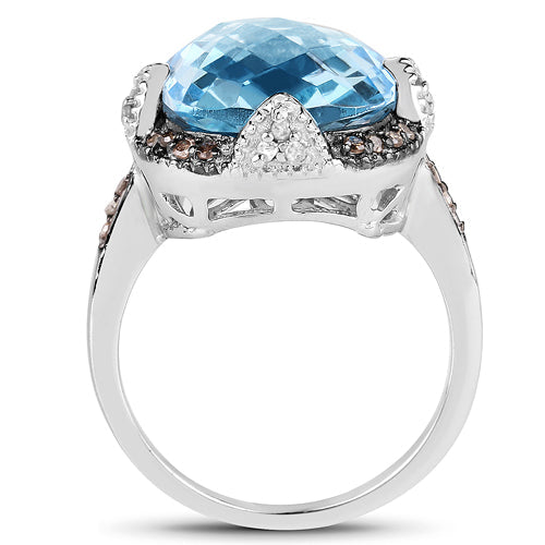 Bids.com 8.29 Carat Genuine Swiss Blue Topaz, Champagne Diamond and White Diamond .925 Sterling Silver Ring Rings White Smoke size 6.00,size 7.00,size 8.00,size 9.00,size 5.00
