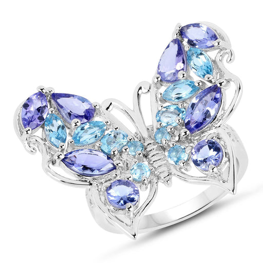 Bids.com 3.60 Carat Genuine Tanzanite and Swiss Blue Topaz .925 Sterling Silver Ring Rings White Smoke size 6.00,size 7.00,size 8.00,size 9.00,size 5.00