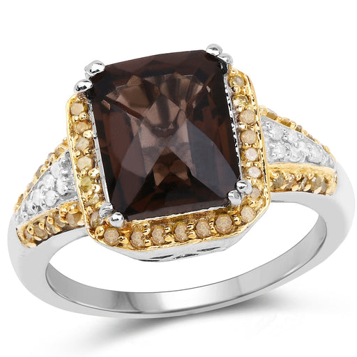 Bids.com 3.48 Carat Genuine Smoky Quartz, Yellow Diamond and White Diamond .925 Sterling Silver Ring Rings White Smoke size 6.00,size 7.00,size 8.00,size 5.00,size 9.00,size 10.00