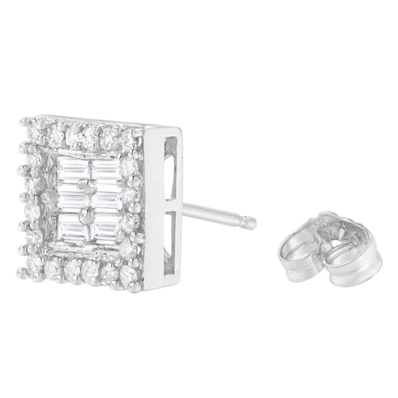 Bids.com 14K White Gold 1 cttw Round and Baguette Diamond Stud Earrings (H-I, SI1-SI2) Earrings White Smoke White.Gold / 0.99