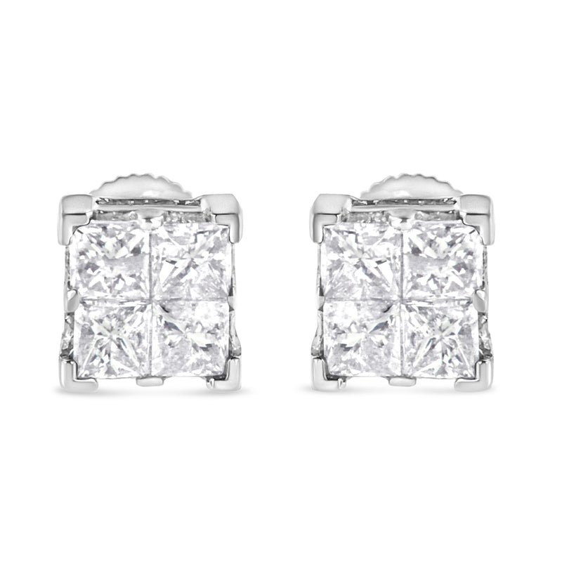 Bids.com 10K White Gold 3/4 Cttw Invisible Set Princess-Cut Diamond Composite Square Stud Earrings (H-I Color, SI2-I1 Clarity) Earrings White Smoke White.Gold / 0.75