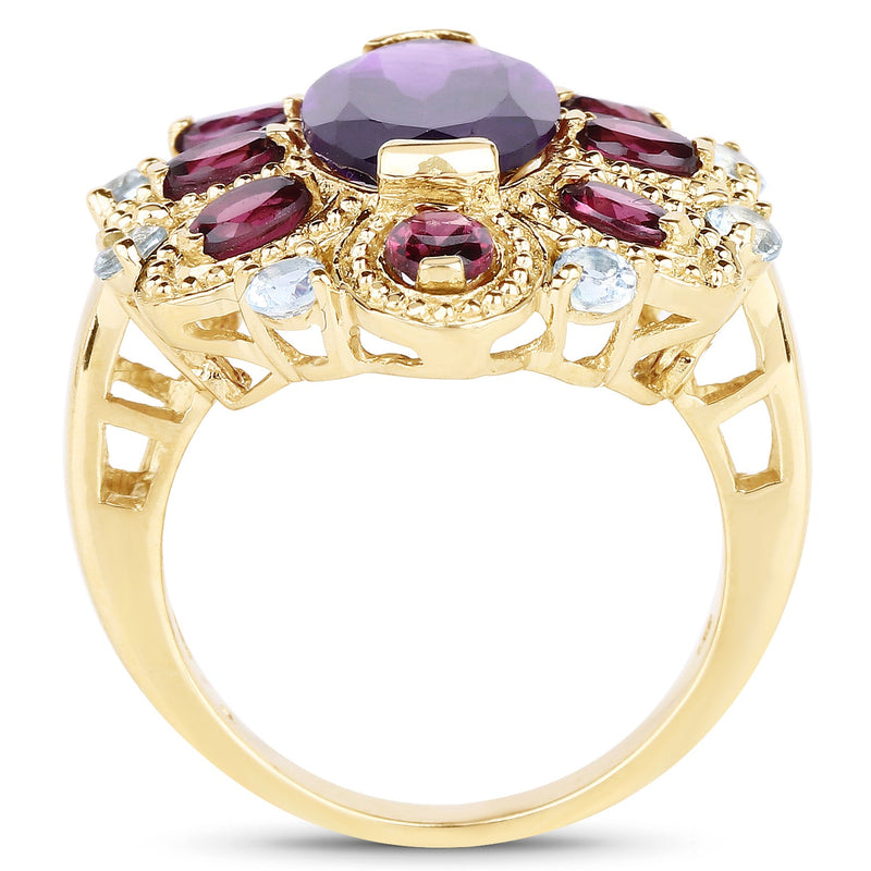 Bids.com 14K Yellow Gold Plated 6.80 Carat Genuine Amethyst, Rhodolite & Blue Topaz .925 Sterling Silver Ring Rings White Smoke size 5.00,size 6.00,size 7.00,size 8.00,size 9.00