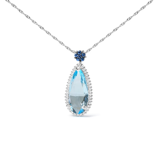 Bids.com 18K White Gold 3/8 Cttw Pave Set Diamond and Sky Blue Topaz and Blue Sapphire Gemstone Floral Teardrop Halo 18" Pendant Necklace (G-H Color, SI2-I1 Clarity) Necklaces White Smoke White.Gold / 18