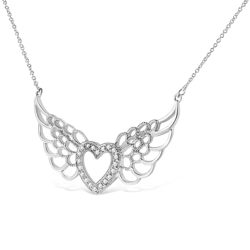 Bids.com .925 Sterling Silver Pave-Set Diamond Accent Fairy Wing 18" Heart Pendant Necklace (I-J Color, I1-I2 Clarity) Necklaces White Smoke White.Sterling Silver / 18