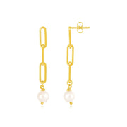 Bids.com 14k Yellow Gold Paperclip Chain Link Earrings with Pearls Earrings White Smoke Yellow Gold