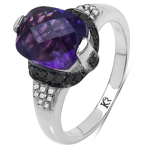 Bids.com 3.71 Carat Genuine Amethyst, Black Diamond & White Diamond .925 Sterling Silver Ring Rings White Smoke size 8.00,size 6.00,size 7.00,size 9.00