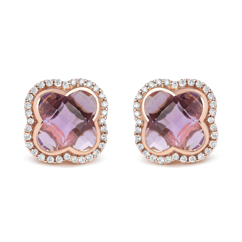 Bids.com 18K Rose Gold 3/8 Cttw Diamond and 11x11mm Clover-Cut Purple Amethyst Gemstone Clover Halo Stud Earrings (G-H Color, SI1-SI2 Clarity) Earrings White Smoke Rose.Gold / 0.42