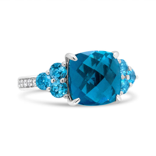 Bids.com 18K White Gold 10mm Cushion Shaped Blue Topaz and 1/6 Cttw Diamond 3 Stone Style Ring (F-G Color, VS1-VS2 Clarity) - Ring Size 6.5 Rings White Smoke 6.5 / White.Gold