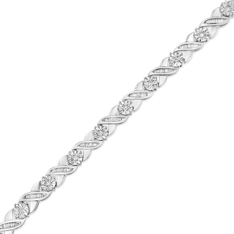 Bids.com .925 Sterling Silver 1.0 Cttw Round-Brilliant and Baguette Cut Diamond Miracle-Set X-Link 7" Tennis Bracelet (I-J Color, I2-I3 Clarity) Bracelets White Smoke White.Sterling Silver / 7