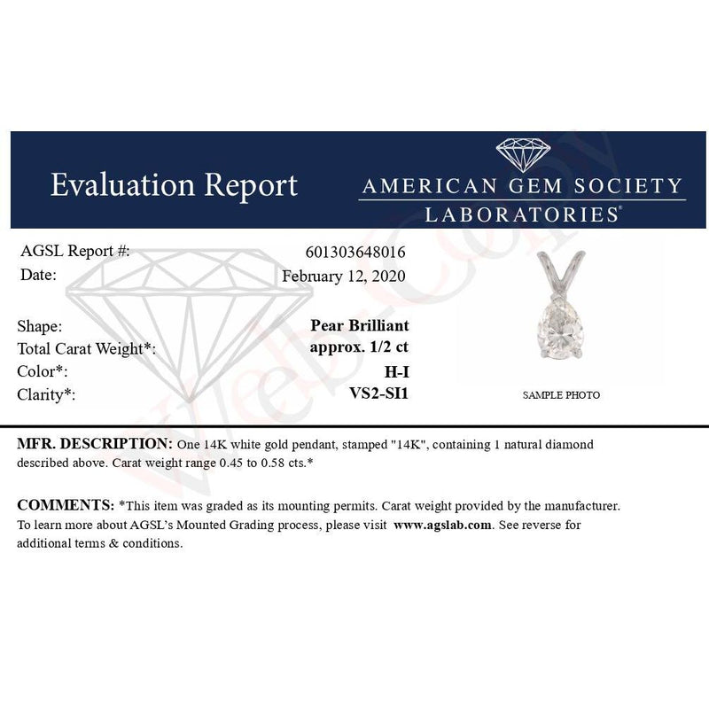 Bids.com AGS Certified 14K White Gold 1/2 Cttw Diamond Pear 18" Pendant Necklace (H-I Color, VS2-SI1 Clarity) Necklaces White Smoke White.Gold / 18