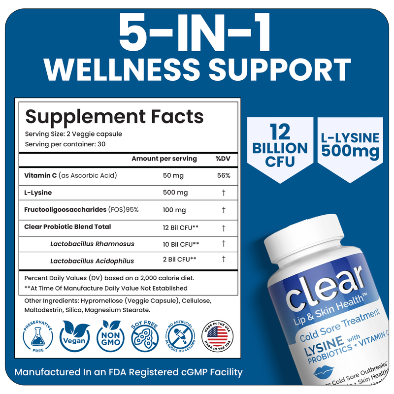 Clear Wellness 360 Lysine + Probiotic Supplement for Cold Sore Support | Lip & Skin Health + Immune Support Probiotics Plus White Smoke 3 Pack,1 Bottle,6 Pack
