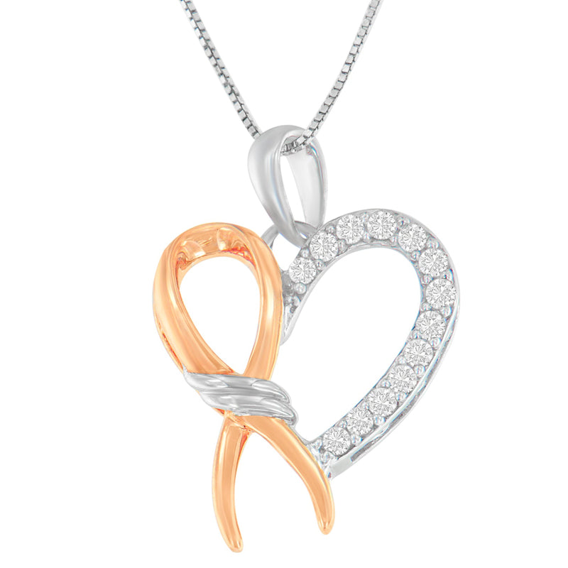 Bids.com Two-Toned .925 Sterling Silver 1/5 cttw Round Cut Diamond Ribbon Heart Accent Pendant Necklace (H-I, I2-I3) Necklaces White Smoke WhiteRose.Sterling Silver / 18