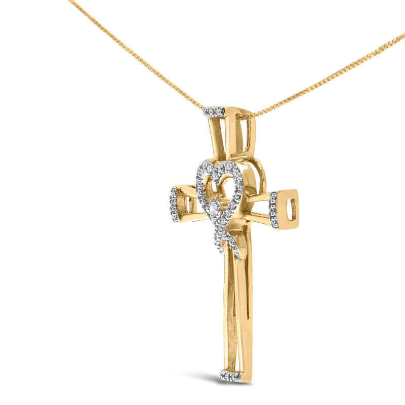 Bids.com 14K Yellow Gold Plated .925 Sterling Silver 1/6 Cttw Diamond Interlocking Heart and Ribbon Cross Pendant Necklace (H-I Color, I2-I3 Clarity) - 18" Inches Necklaces White Smoke Yellow.Sterling Silver / 18