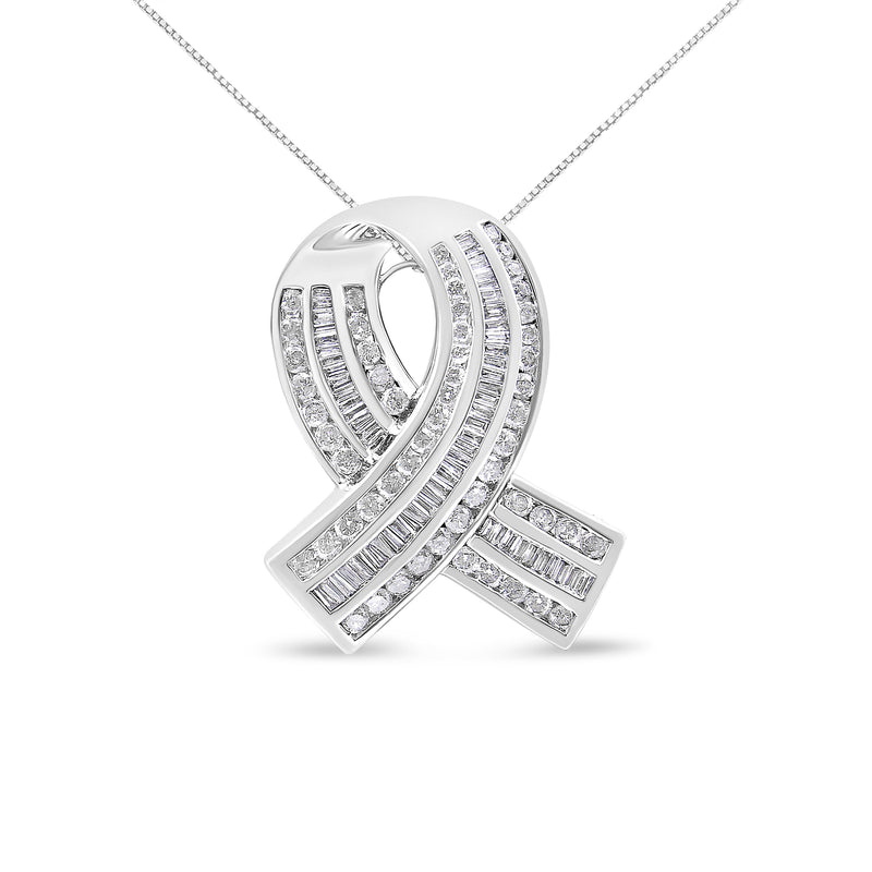 Bids.com 14K White Gold 2 5/8 Cttw Channel Set Round and Baguette Diamond Awareness Ribbon Pendant (H-I Color, I1-I2 Clarity) - Chain Not Included Necklaces White Smoke White.Gold / 18