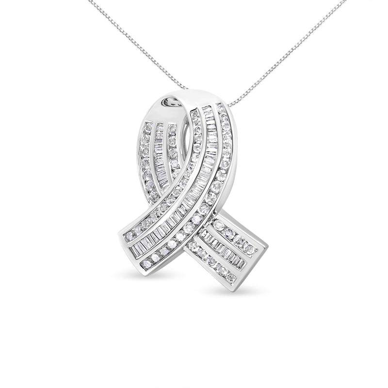 Bids.com 14K White Gold 2 5/8 Cttw Channel Set Round and Baguette Diamond Awareness Ribbon Pendant (H-I Color, I1-I2 Clarity) - Chain Not Included Necklaces White Smoke White.Gold / 18