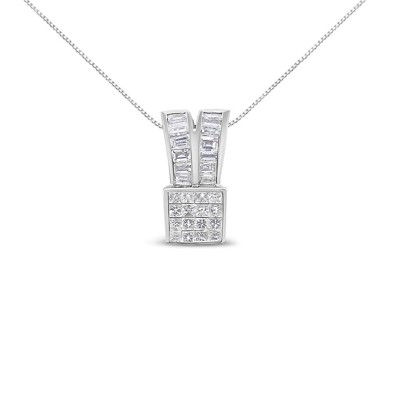 Bids.com 14K White Gold 1 5/8 cttw Princess and Baguette Cut Diamond Heart Ribbon Pendant Necklace (G-H, VS1-VS2) Necklaces White Smoke White.Gold / 18