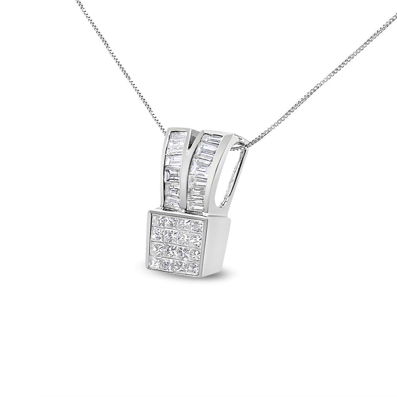 Bids.com 14K White Gold 1 5/8 cttw Princess and Baguette Cut Diamond Heart Ribbon Pendant Necklace (G-H, VS1-VS2) Necklaces White Smoke White.Gold / 18