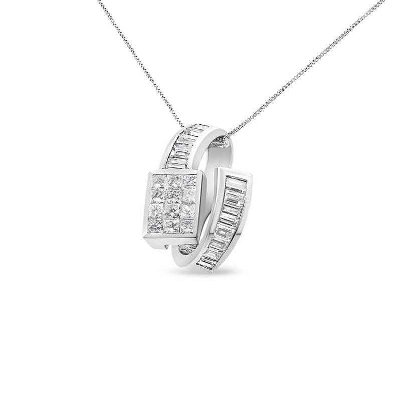 Bids.com 14K White Gold 2 cttw Princess and Baguette Cut Diamond Double Loop Pendant Necklace (G-H, VS1-VS2) Necklaces White Smoke White.Gold / 18