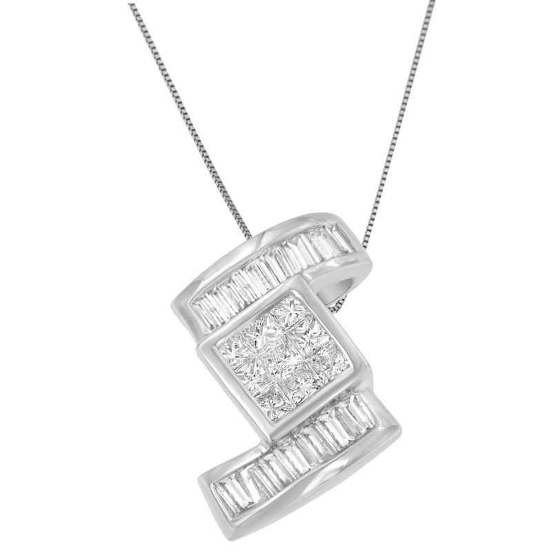 Bids.com 14K White Gold 1 2/5 cttw Princess and Baguette Cut Diamond Zig Zag Pendant Necklace (H-I, SI1-SI2) Necklaces White Smoke White.Gold / 18