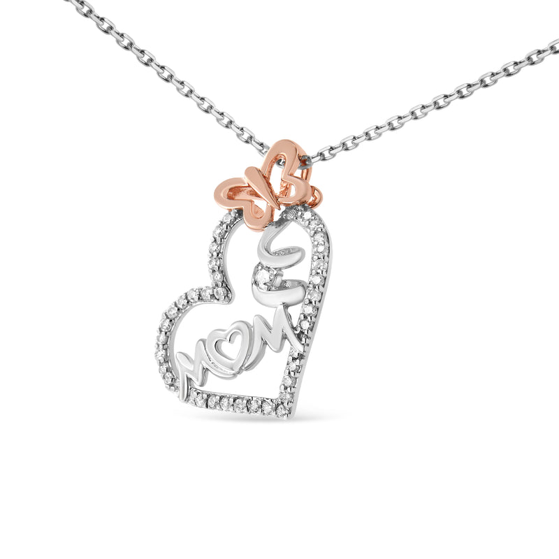 Bids.com Two Tone .925 Sterling Silver 1/5 cttw Diamond "Mom" and Heart Pendant Necklace (H-I, I1-I2) Necklaces White Smoke WhiteRose.Sterling Silver / 18