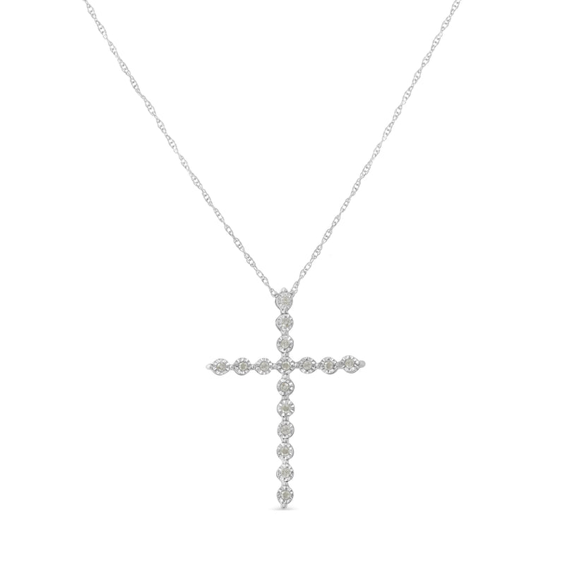 Bids.com .925 Sterling Silver 1/6 Cttw Brilliant-Cut Diamond Miracle-Set Shared Prong Cross 18" Pendant Necklace (I-J Color, I2-I3 Clarity) Necklaces White Smoke White.Sterling Silver / 18