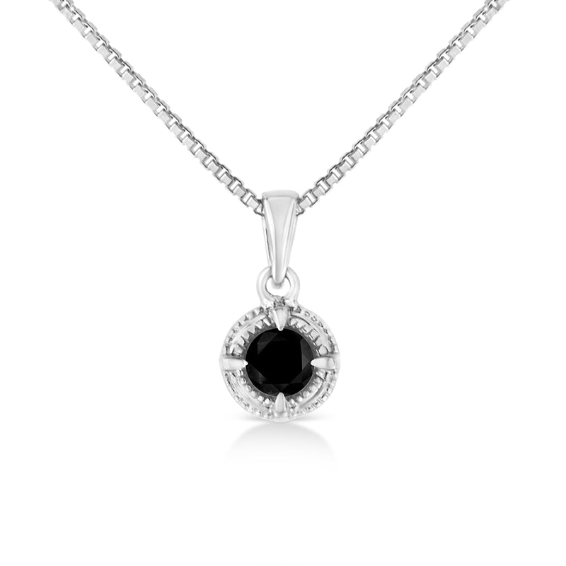 Bids.com .925 Sterling Silver 3/4 Cttw Treated Blue Diamond Solitaire 18" Milgrain Pendant Necklace (Blue Color, I1-I2 Clarity) Necklaces White Smoke White.Sterling Silver / 0.33 / Black Diamond