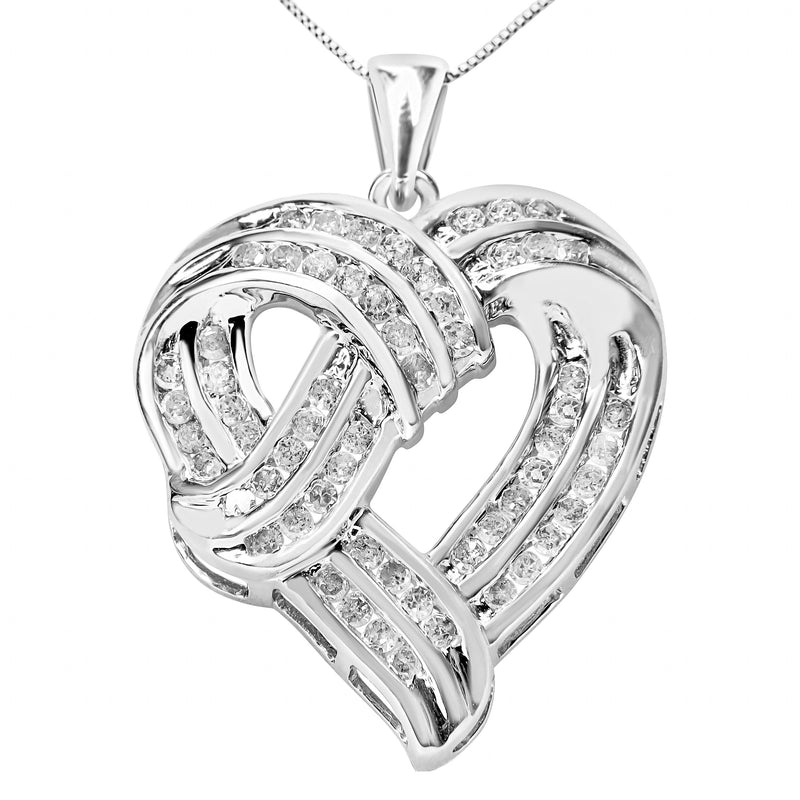 Bids.com .925 Sterling Silver 1 1/4 Cttw Round Diamond Openwork Ribbon Weave Heart Pendant 18" Necklace (I-J Color, I3 Clarity) Necklaces White Smoke White.Sterling Silver / 18