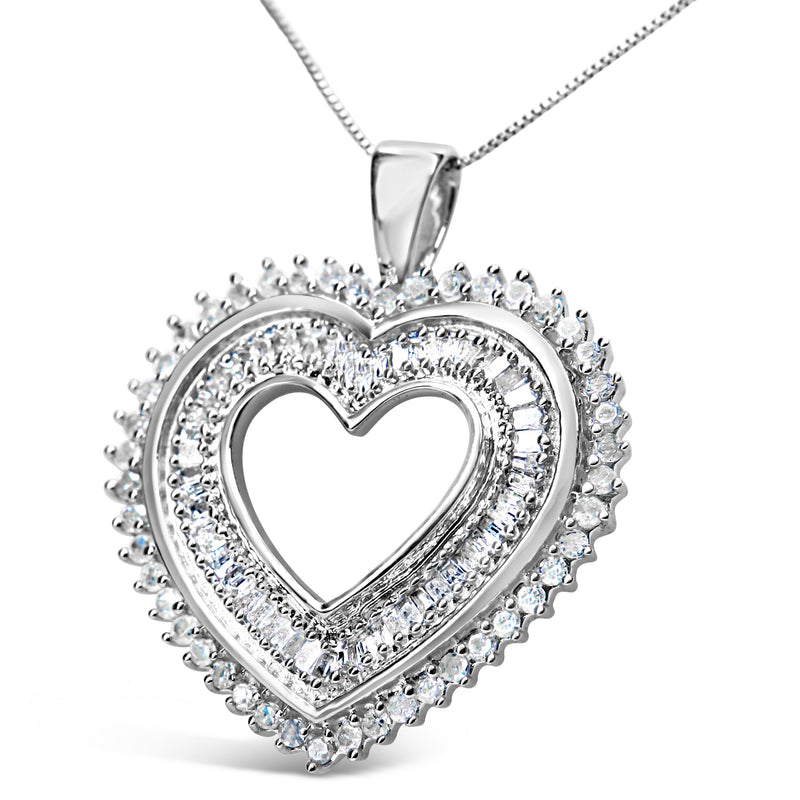 Bids.com .925 Sterling Silver 1.0 Cttw Baguette and Round Diamond  Heart Pendant 18" Necklace (H-I Color, I3 Clarity) Necklaces White Smoke White.Sterling Silver / 18