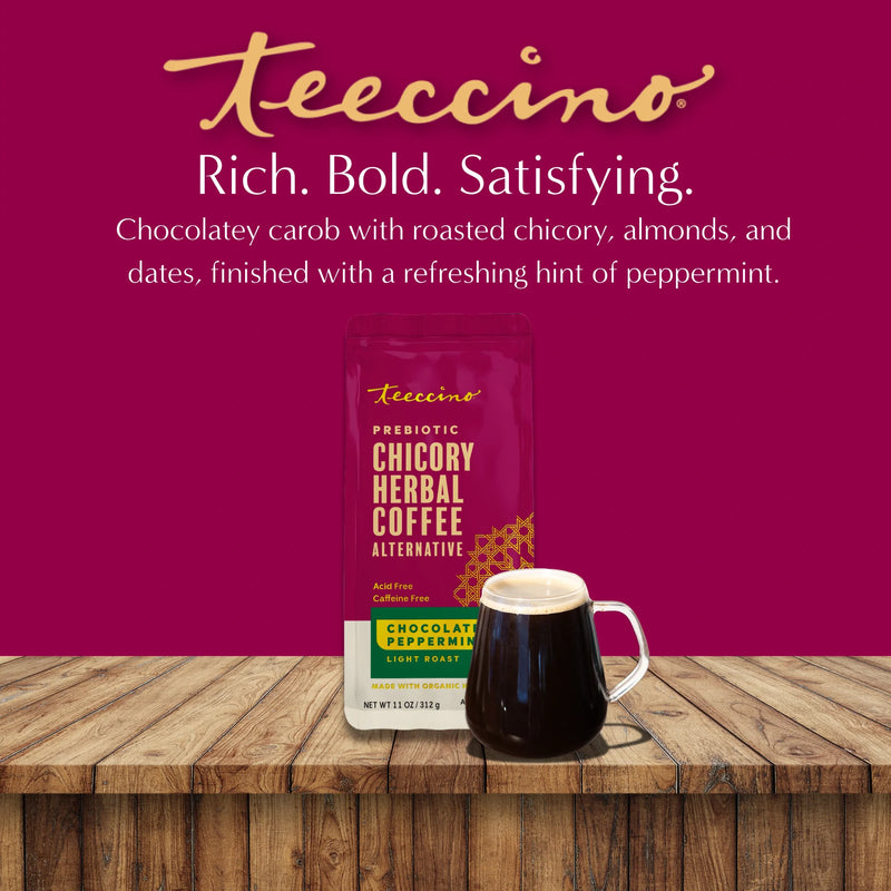 Teeccino Chocolate Peppermint Chicory Herbal Coffee Herbal Coffee Brown 11 ounce ground,5lb ground,Trial Size