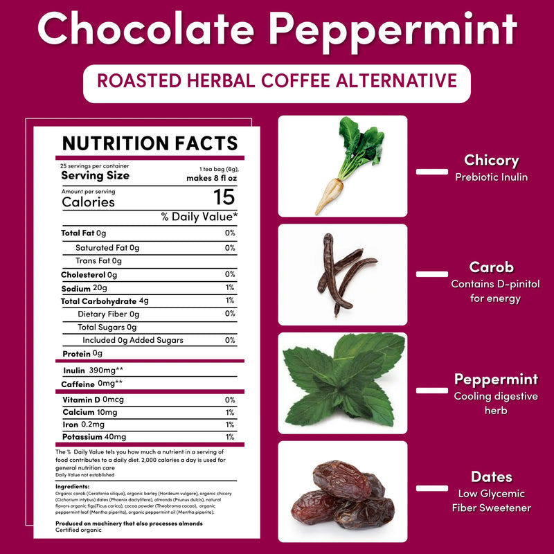 Teeccino Chocolate Peppermint Chicory Herbal Coffee Herbal Coffee White Smoke 11 ounce ground,5lb ground,Trial Size