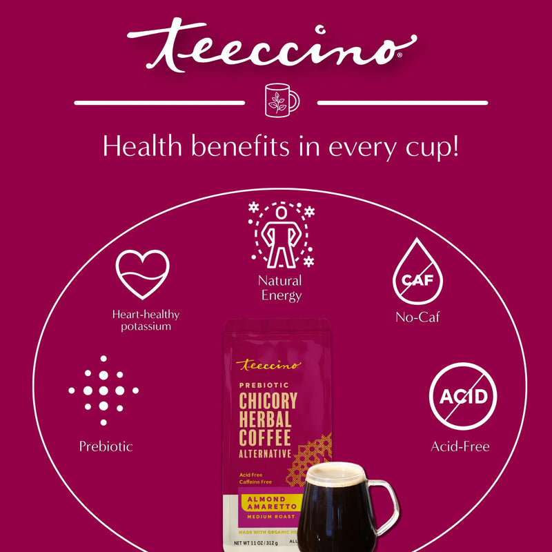 Teeccino Almond Amaretto Chicory Herbal Coffee Herbal Coffee Brown 11 ounce ground,5lb ground,Trial Size