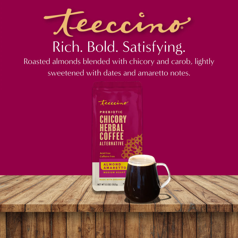 Teeccino Almond Amaretto Chicory Herbal Coffee Herbal Coffee Brown 11 ounce ground,5lb ground,Trial Size
