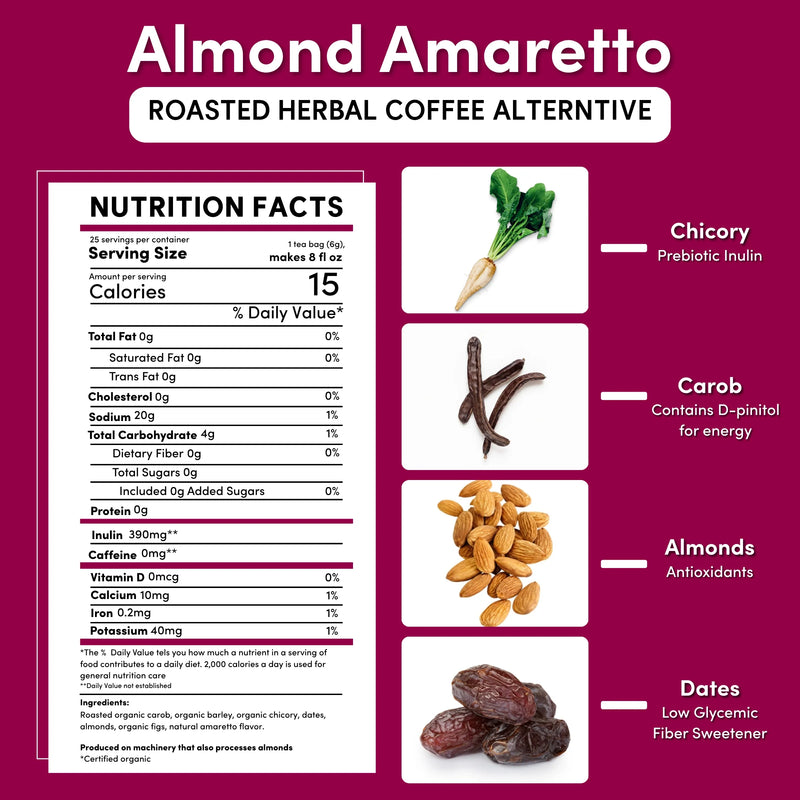 Teeccino Almond Amaretto Chicory Herbal Coffee Herbal Coffee White Smoke 11 ounce ground,5lb ground,Trial Size