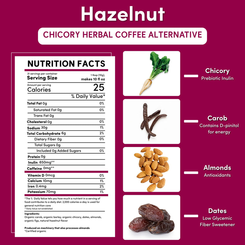 Teeccino Hazelnut Chicory Herbal Coffee Herbal Coffee White Smoke 11 ounce ground,500g ground,5lb ground,Trial Size