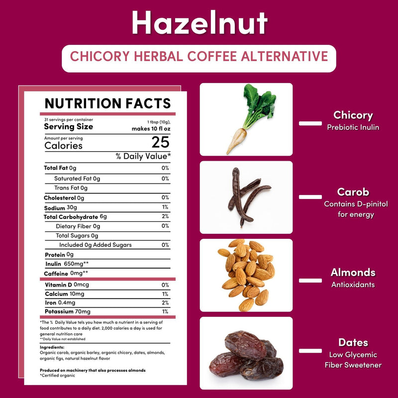 Teeccino Hazelnut Chicory Herbal Coffee Herbal Coffee White Smoke 11 ounce ground,500g ground,5lb ground,Trial Size
