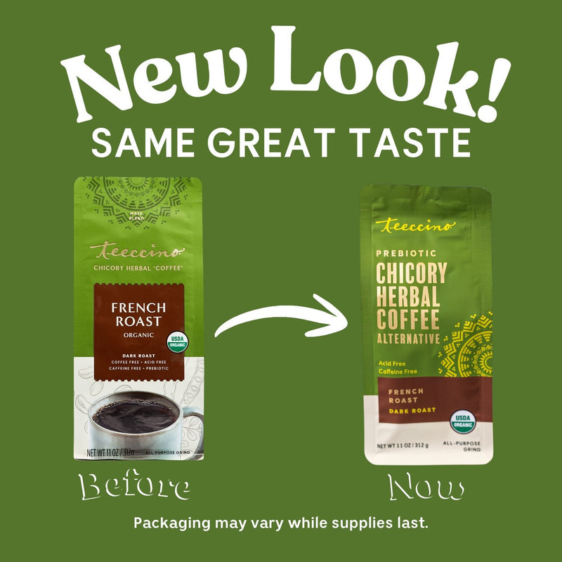 Teeccino French Roast Chicory Herbal Coffee Herbal Coffee Dark Olive Green 11 ounce ground,500g ground,5lb ground,Trial Size