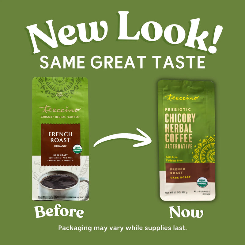 Teeccino French Roast Chicory Herbal Coffee Herbal Coffee Olive Drab 11 ounce ground,500g ground,5lb ground,Trial Size
