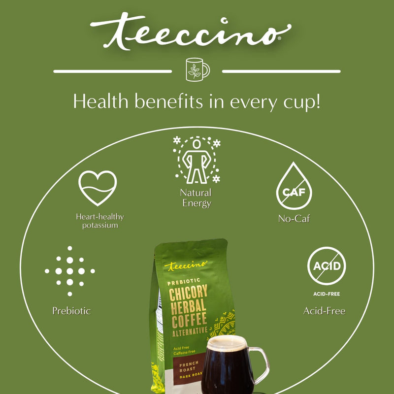 Teeccino French Roast Chicory Herbal Coffee Herbal Coffee Dark Olive Green 11 ounce ground,500g ground,5lb ground,Trial Size