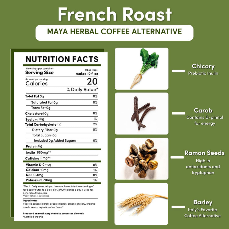 Teeccino French Roast Chicory Herbal Coffee Herbal Coffee White Smoke 11 ounce ground,500g ground,5lb ground,Trial Size