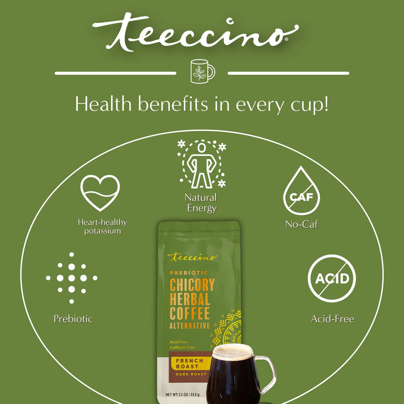 Teeccino French Roast Chicory Herbal Coffee Herbal Coffee Olive Drab 11 ounce ground,500g ground,5lb ground,Trial Size