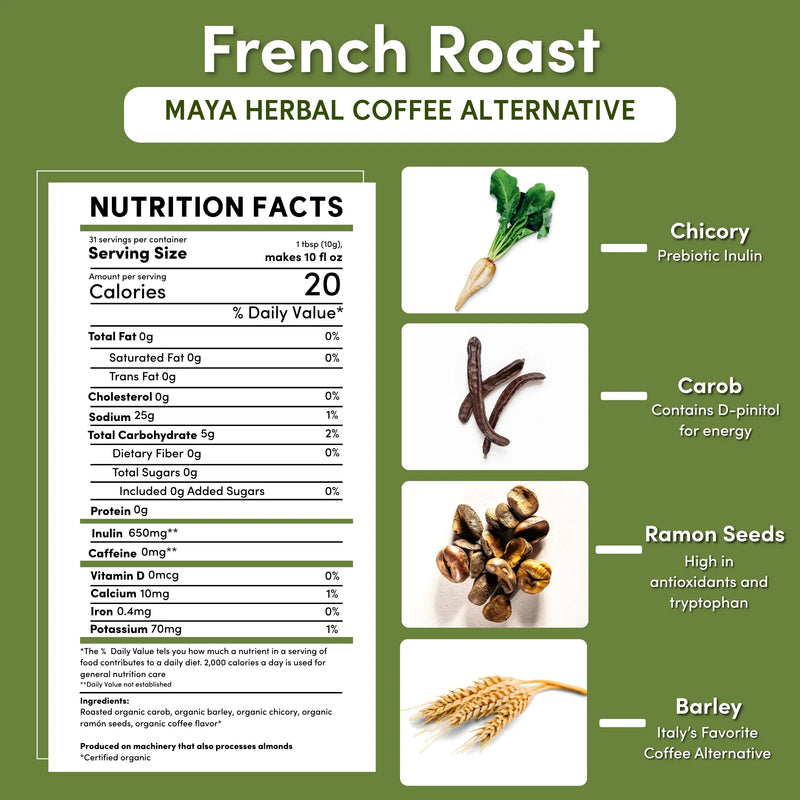 Teeccino French Roast Chicory Herbal Coffee Herbal Coffee White Smoke 11 ounce ground,500g ground,5lb ground,Trial Size
