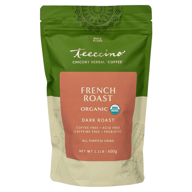 Teeccino French Roast Chicory Herbal Coffee Herbal Coffee Dark Olive Green 11 ounce ground,500g ground,5lb ground,Trial Size