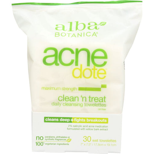 Alba Botanica Alba Botanica ACNEdote Maximum Strength Clean 'n Treat Daily Cleansing Wet Towelettes 30 Ct Box Skin Care White Smoke