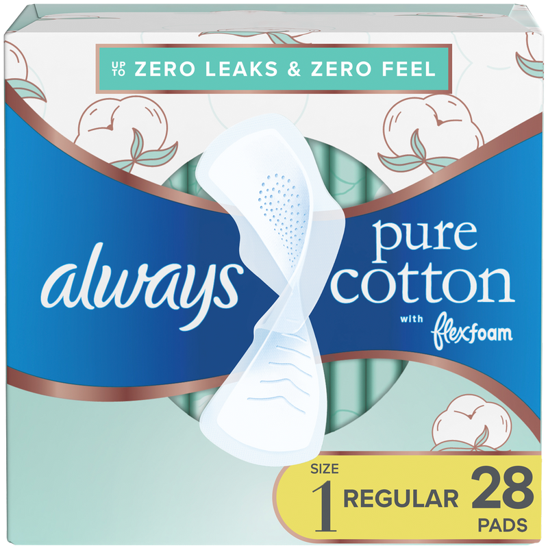 Always Always Pure Cotton FlexFoam Size 1 Regular Absorbency 3 Packs of 28 Feminine Pads & Protectors White Smoke