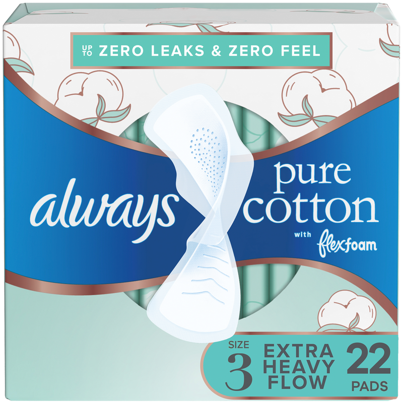 Always Always Pure Cotton Size 3 with FlexFoam Overnight Extra Heavy Flow Pads with Wings Health Care White Smoke