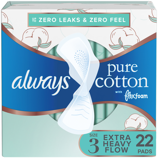 Always Always Pure Cotton Size 3 with FlexFoam Overnight Extra Heavy Flow Pads with Wings Health Care White Smoke
