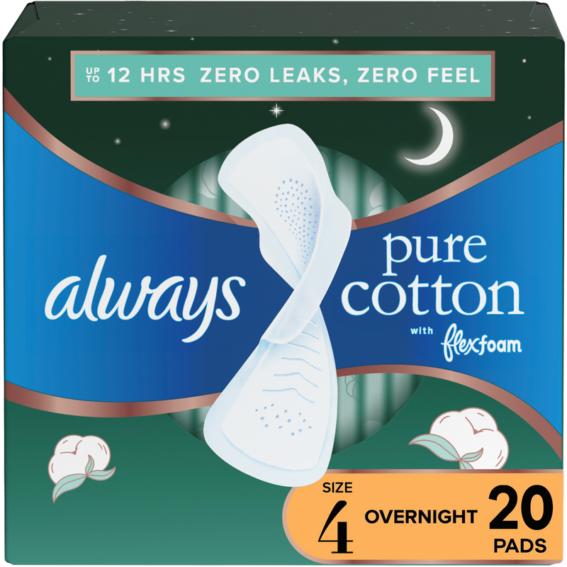 Always Always Pure Cotton FlexFoam Size 4 Overnight Absorbency 3 Packs of 20 Feminine Pads & Protectors Dark Slate Gray